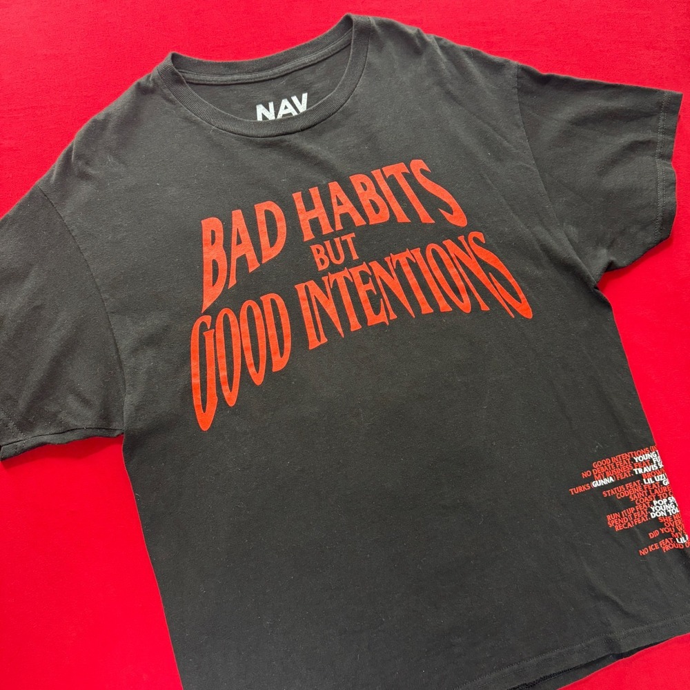 NAV x Vlone Good Intentions Bad Habits T-Shirt Mens Large Black Red Graphic Tee